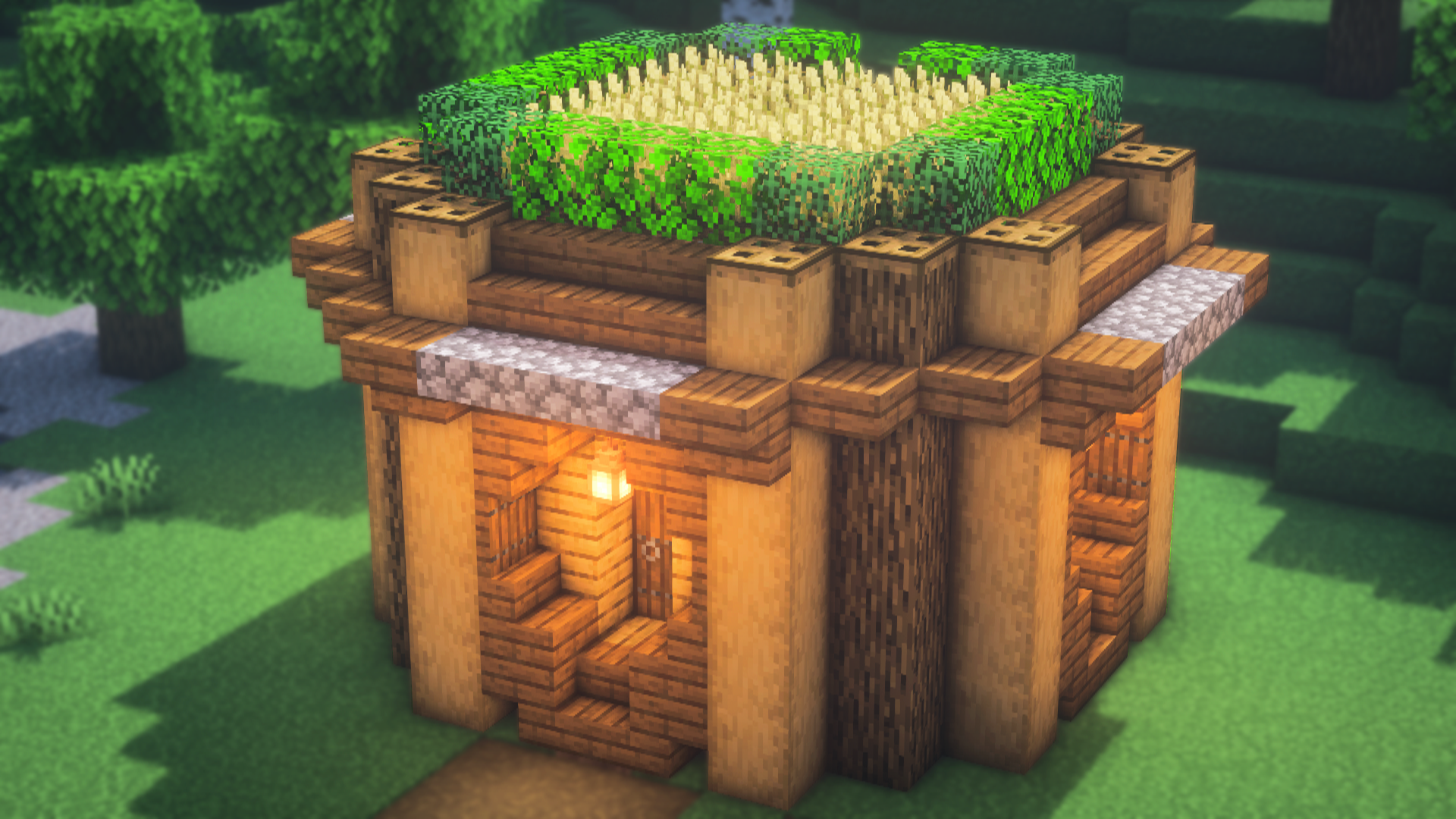 A small dirt and wood shelter at dusk in Minecraft